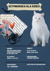 Plakat "Szymborska dla dzieci", biały kot na niebieskim tle