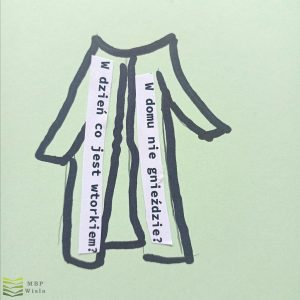 wycinki z wierszy Szymborskiej naklejone na rysunku na zielonej kartce
