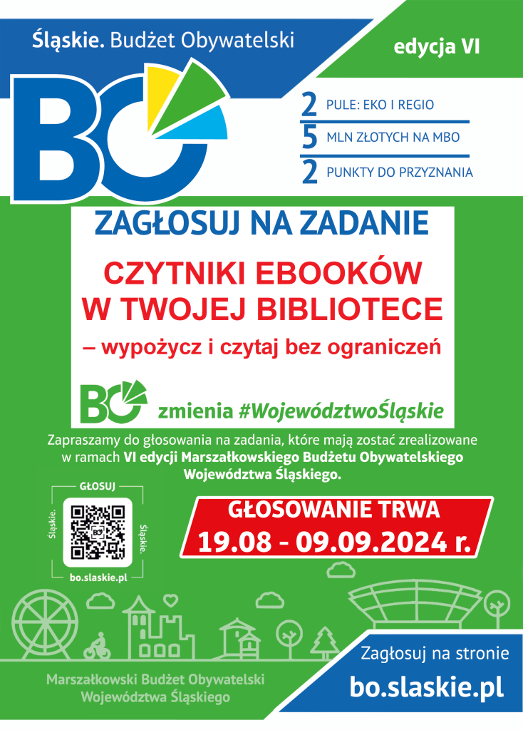 Plakat zachęcający do głosowania na zadanie "CZYTNIKI EBOOK W TWOJEJ BIBLIOTECE"