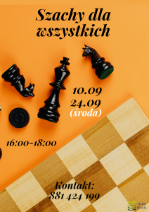 plakat na pomarańczowym tle informujący o zajęciach szachowym odbywających się w bibliotece. Przedstawia kilka figur szachowych i szachownicę.