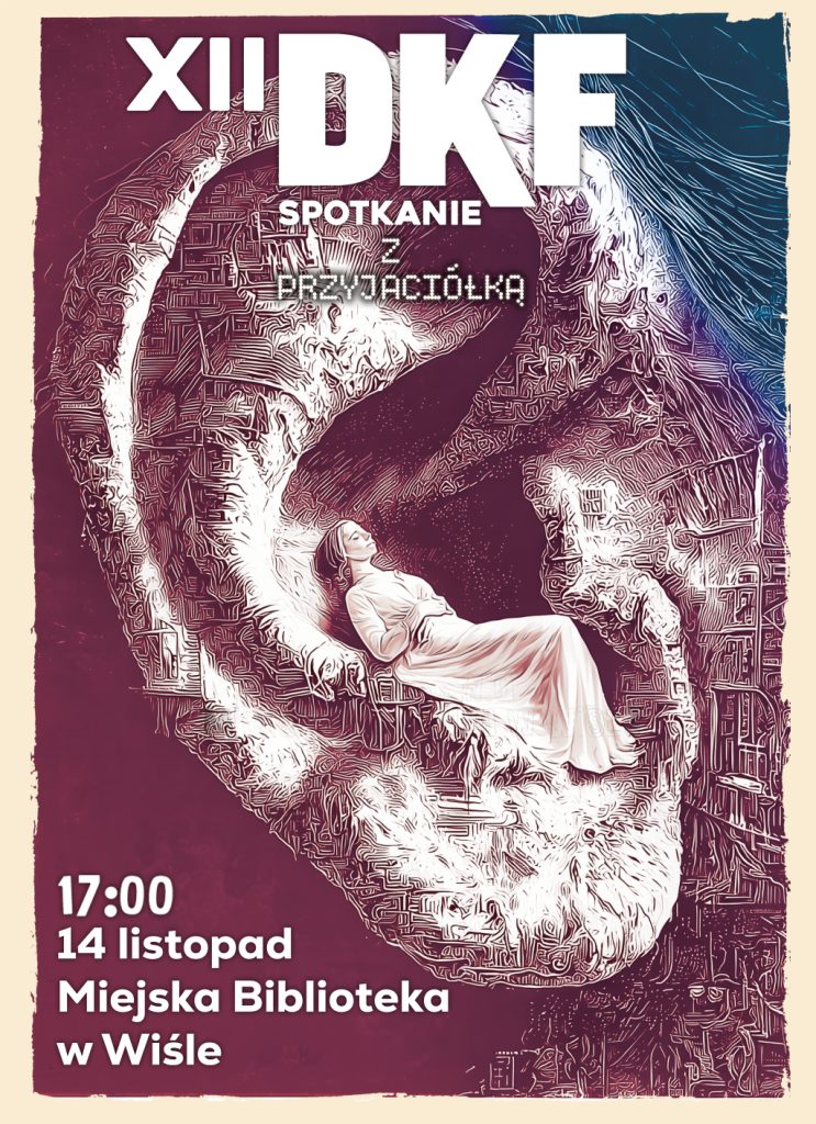 Plakat - dziewczyna w białej sukni śpi w małżowinie usznej