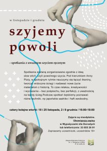 plakat szyjemy powoli - ręka nawleka igłę na nitkę