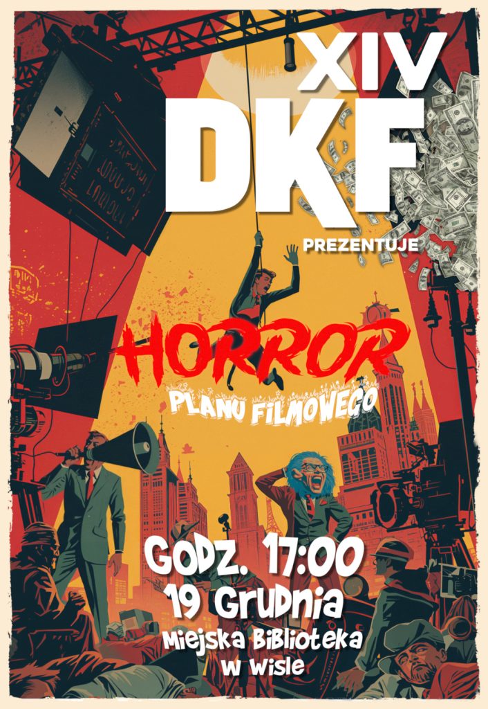 Plan filmowy, w tle miasto i wieżowce. Dolary się sypią. Napis "Horror plany filmowego"