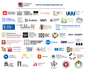 Grafika z logo Czytającej Polski i adresem strony www.czytajacapolska.pl, pod spodem umieszczone są logo wszystkich koalicjantów Czytającej Polski