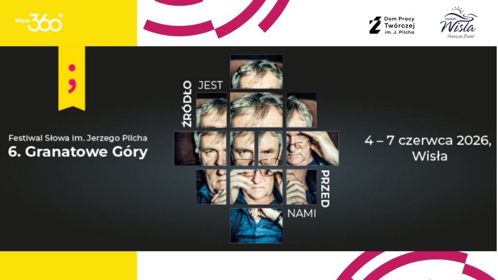 Plakat festiwalu - pocięte zdjęcie Jerzego Pilcha, ułożone w figurę geometryczną.