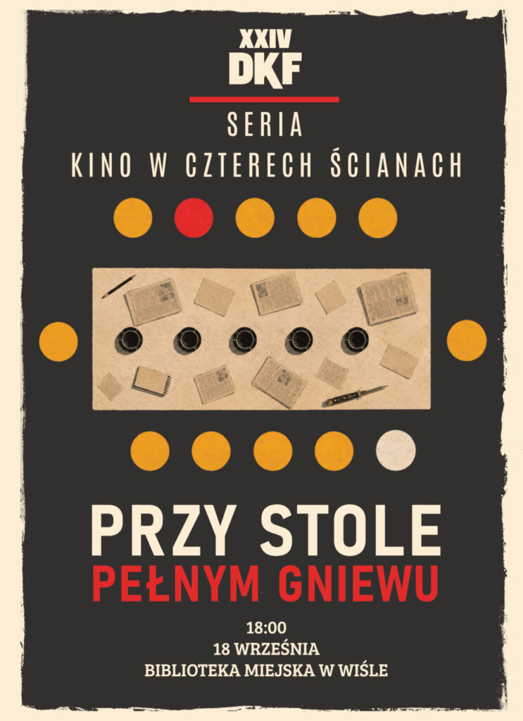 Symboliczny blat stołu i miejsca dookoła, na stole ołówek, sztylet, popielniczki i pożółkłe kartki.