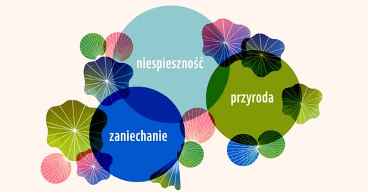 Trzy kolorowe koła z napisami: niespieszność, przyroda, zaniechanie